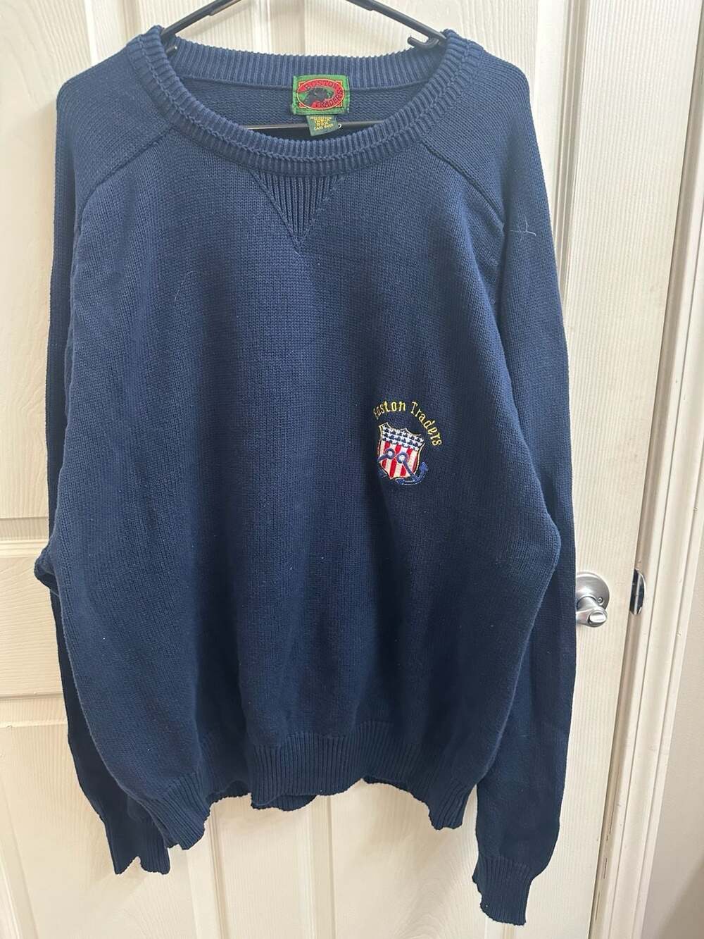 Vintage Boston Traders Navy Blue Cotton Knit Pullover Sweater with Embroidered S